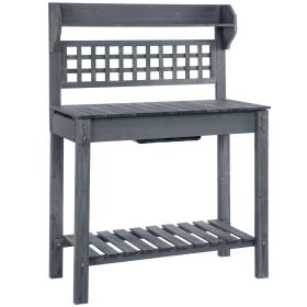 Potting Bench Outdoor, Wooden Workstation with Expandable Sliding Tabletop, Storage Shelf and Dry Sink, Indoor and Outdoor, Gray