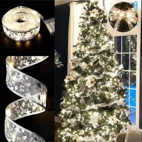 [100 LED Battery-powered Christmas Tree] A Christmas Tree With 32 Feet Of Ribbon, 100 LED Lights, Golden Wire Ribbon, Battery-powered (Color: Silvery Ribbon-Warm colour)